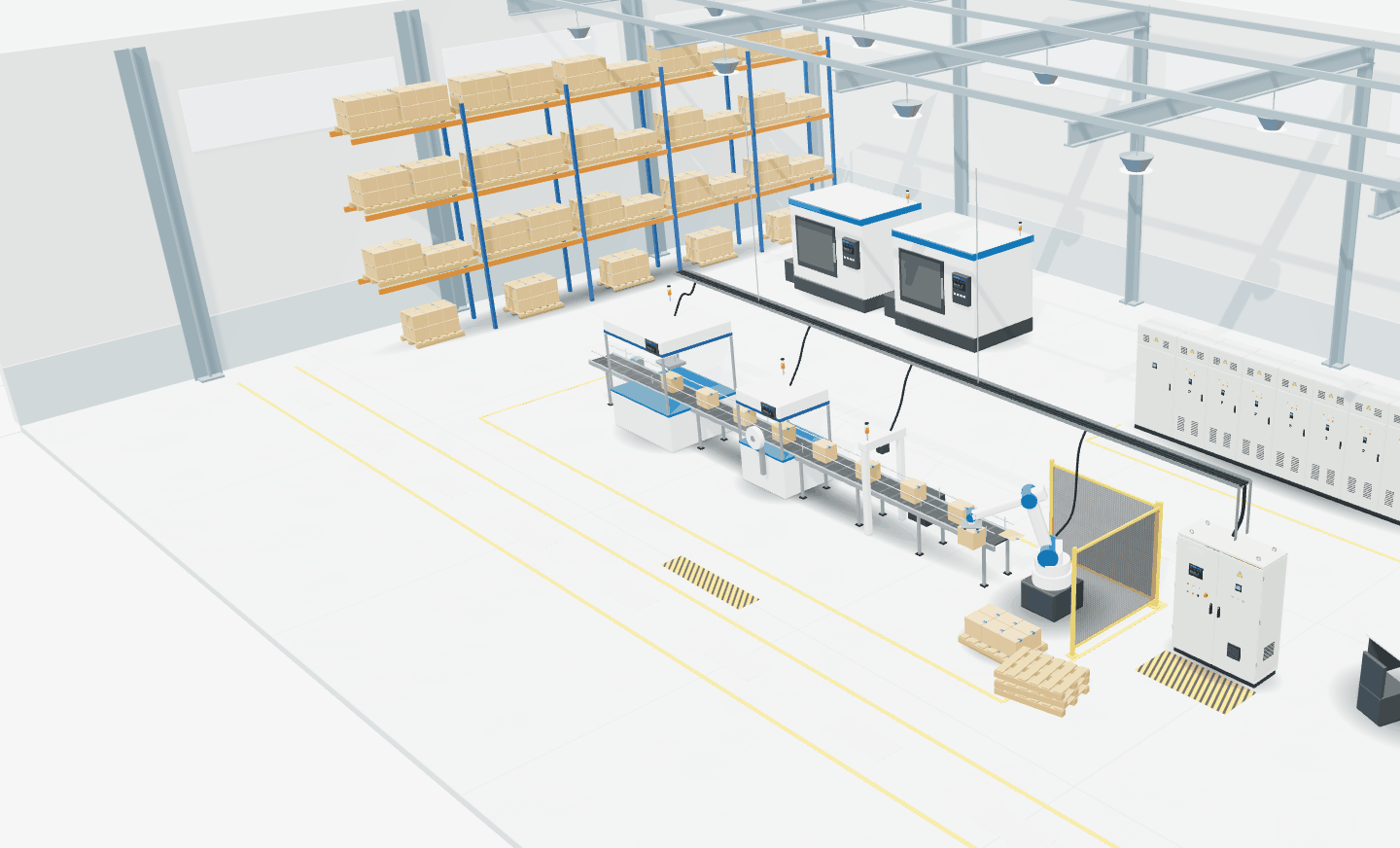 Rendered 3D factory floor with an ACS control panel