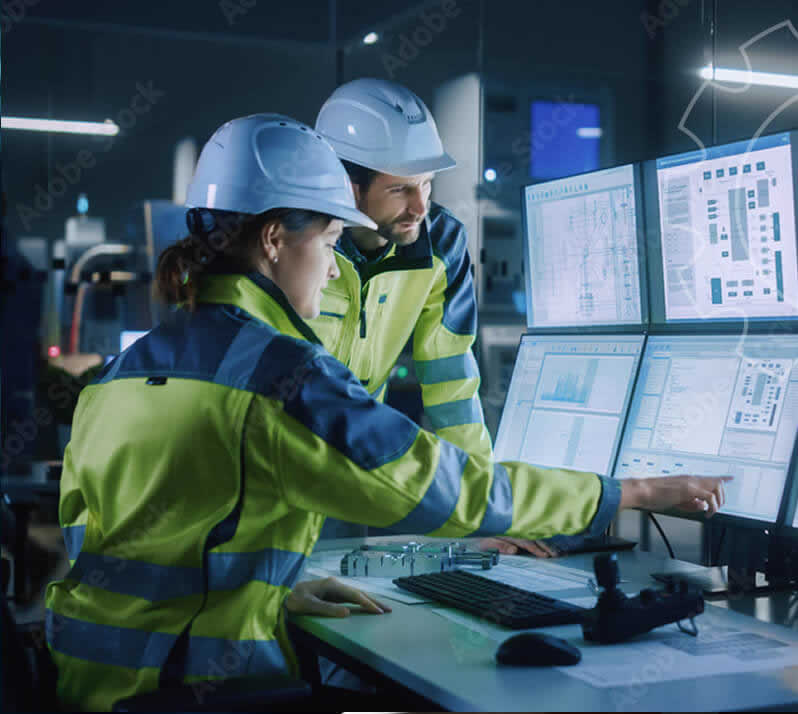 Two workers in hard hats focused on computer screens, engaged in process automation.